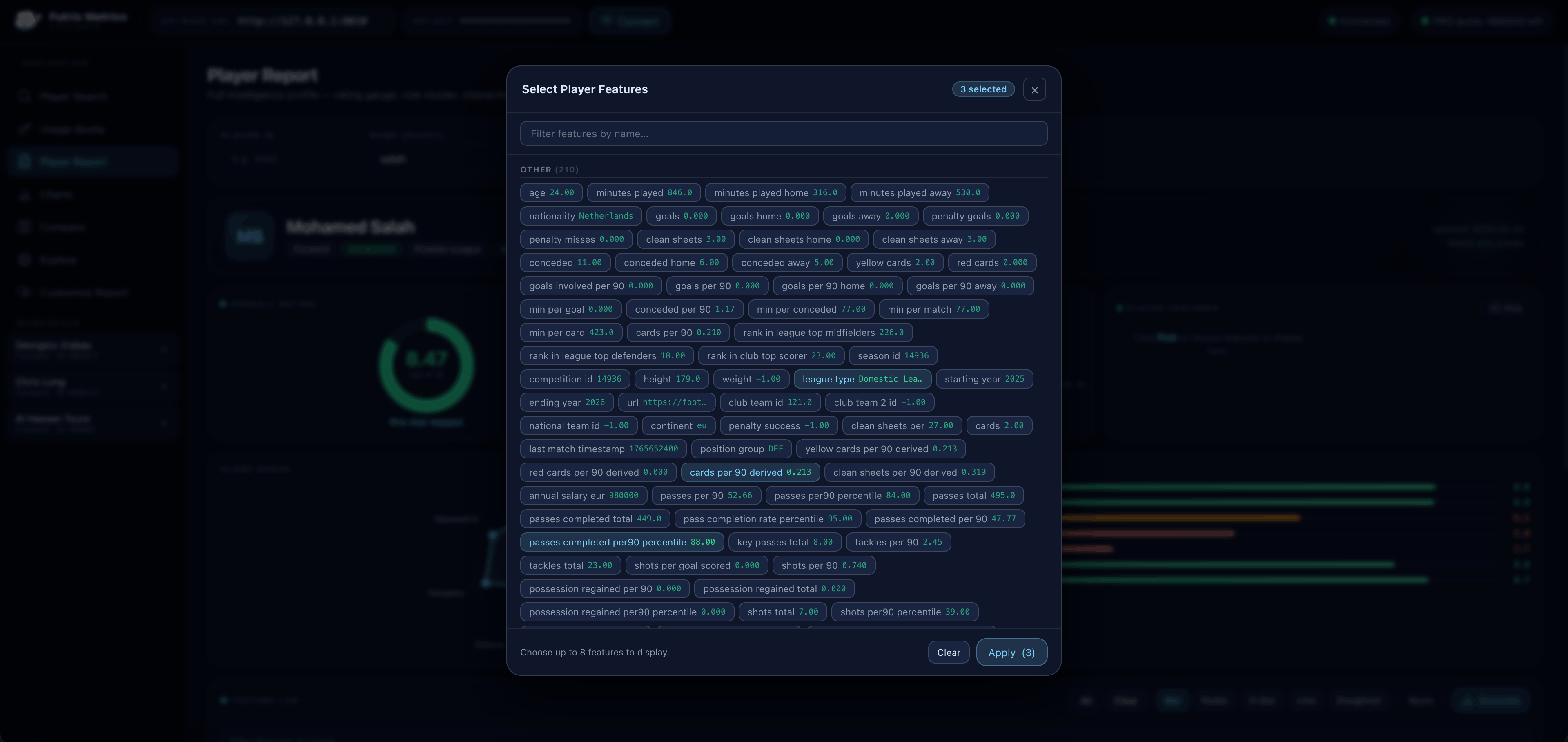Select player features for custom report