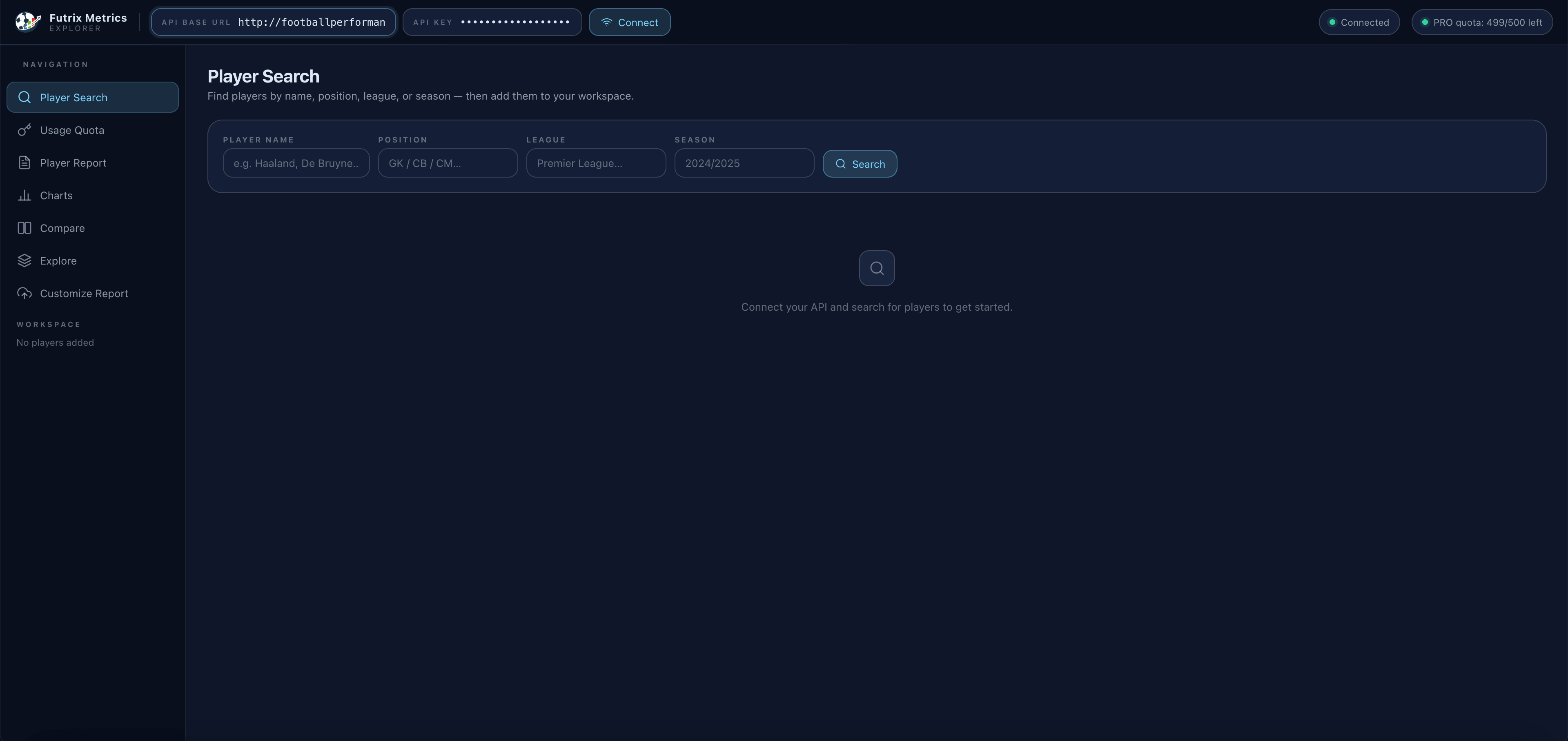 FutrixMetrics player search interface
