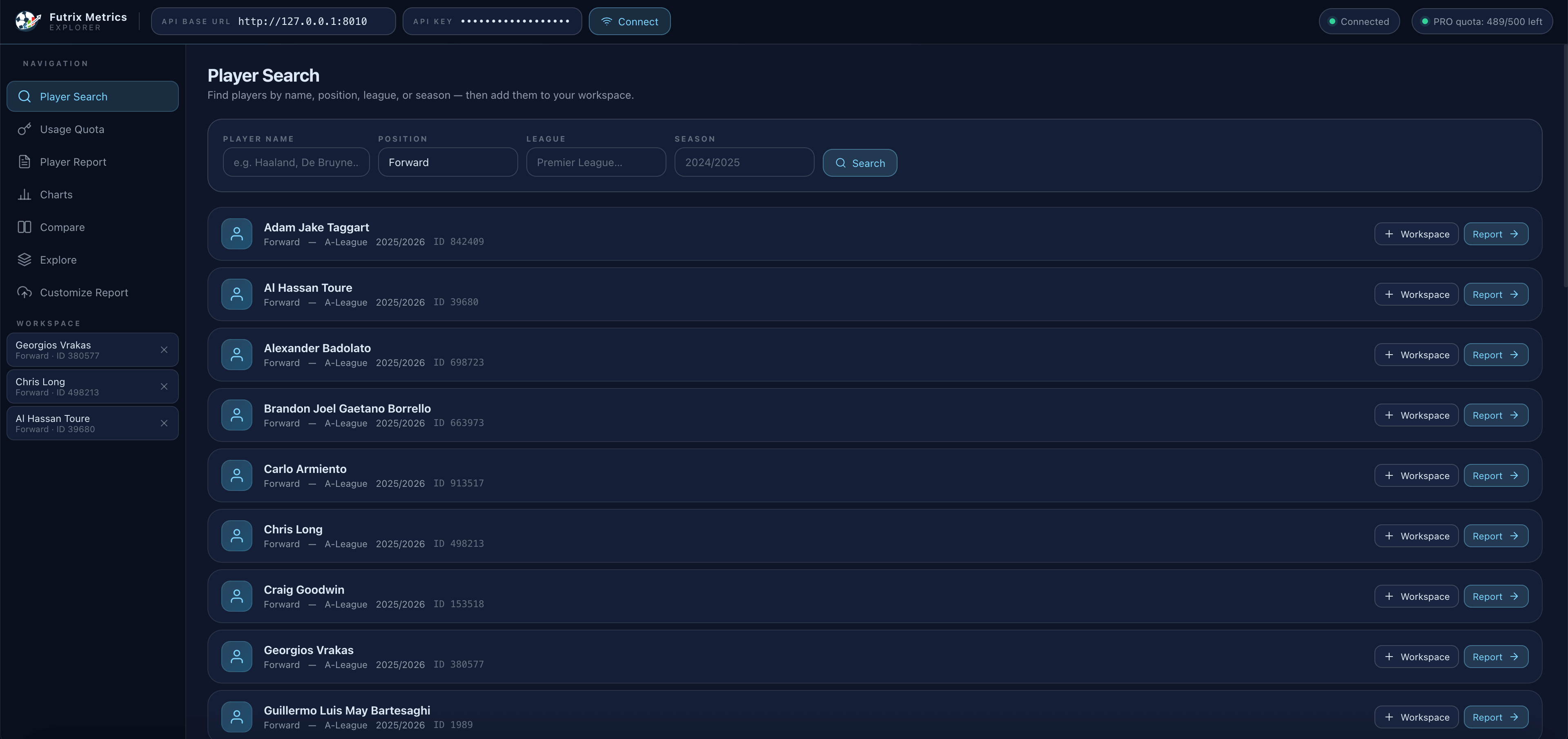 Select players for comparison analysis